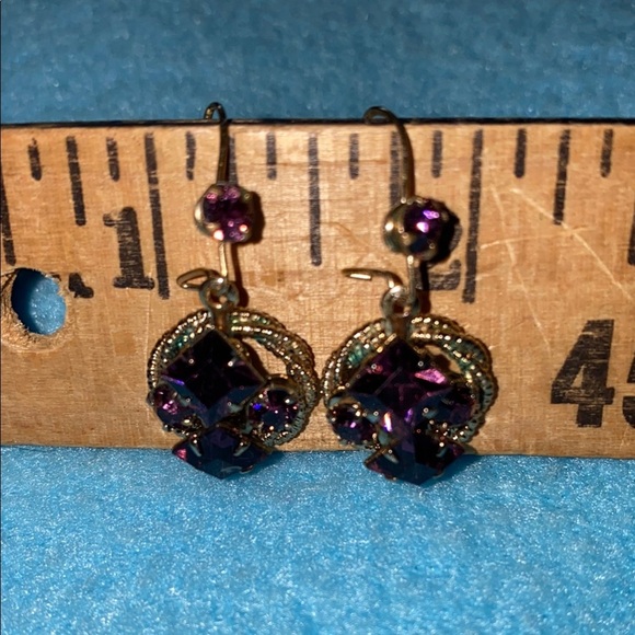AMETHYST vintage rare antique faux cluster pierced wire earrings drop style gold - Picture 7 of 7
